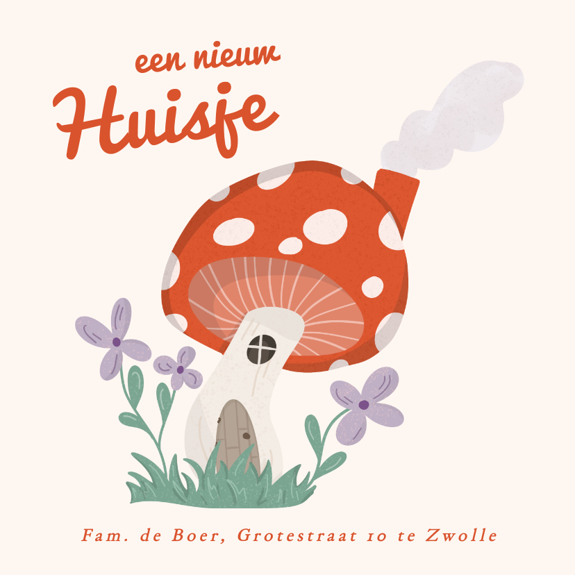 Verhuiskaarten - Hip verhuisbericht kaartje met paddestoel huisje en bloemen