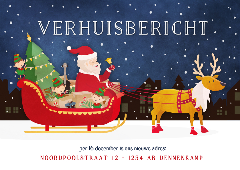 Verhuiskaarten - Kerst verhuiskaart arrenslee met verhuisspullen en kerstman