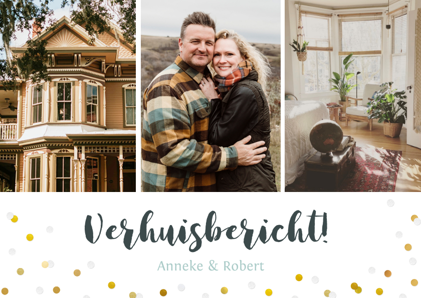 Verhuiskaarten - Verhuisbericht fotocollage kaart met 3 foto's en confetti