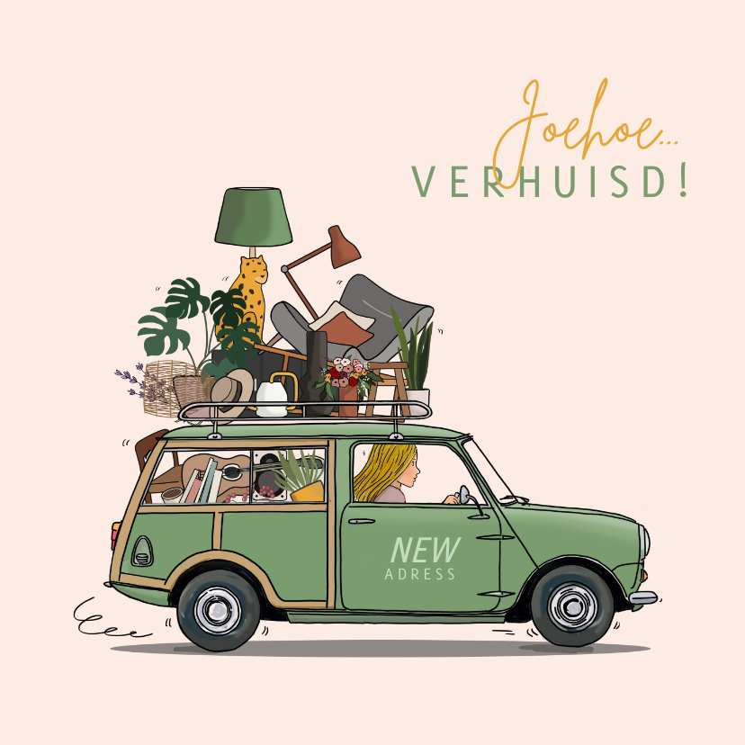 Verhuiskaarten - Verhuiskaart auto Mini Traveller met spullen