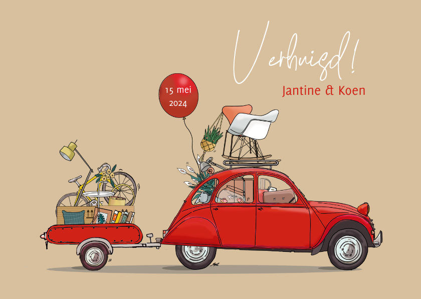 Verhuiskaarten - Verhuiskaart Citroën 2cv met aanhangwagen