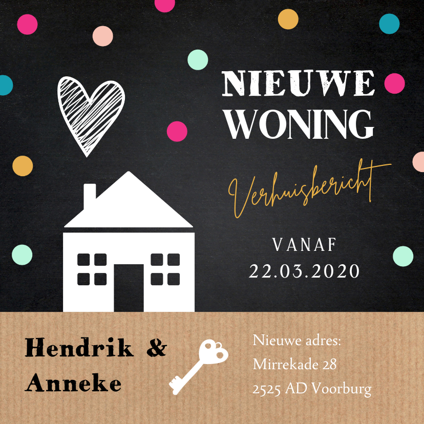 Verhuiskaarten - Verhuiskaart confetti huisje krijtbord kraftlook