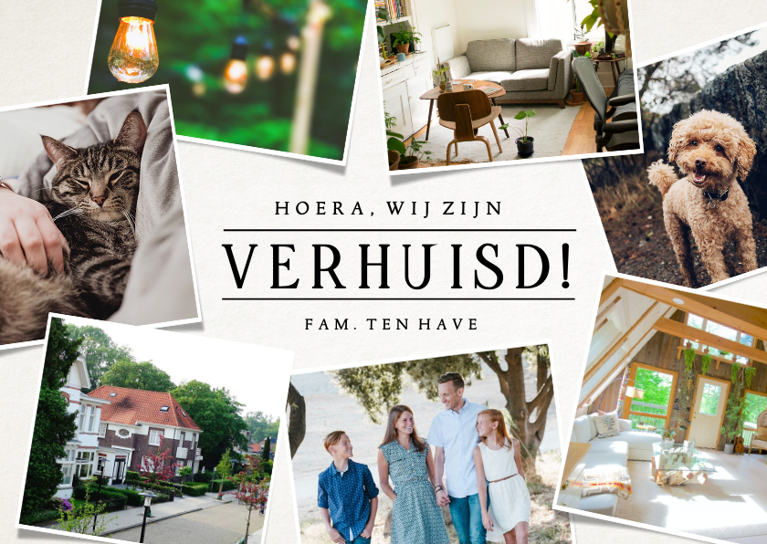 Verhuiskaarten - Verhuiskaart fotocollage losse foto's met tekst en namen