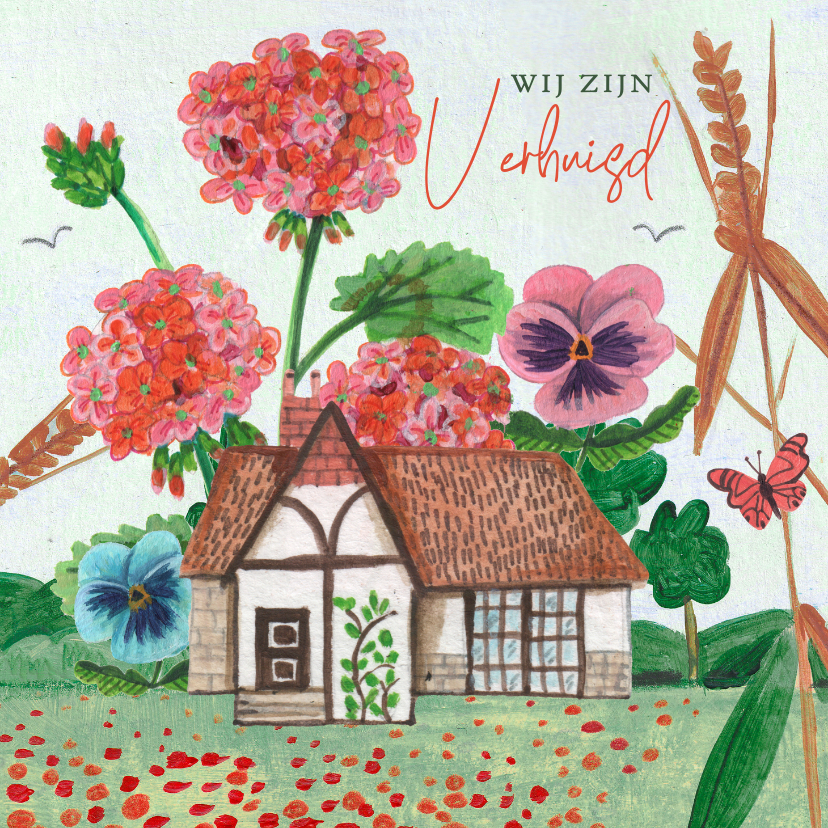 Verhuiskaarten - Verhuiskaart huis in landschap met bloemen