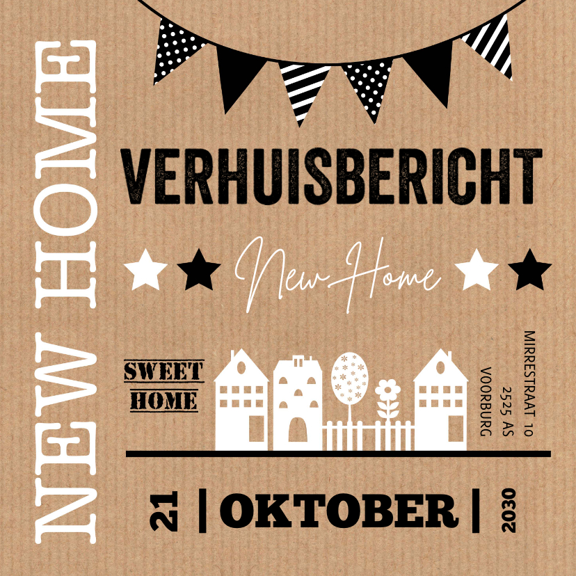 Verhuiskaarten - Verhuiskaart kraftlook slinger typografie huisjes 