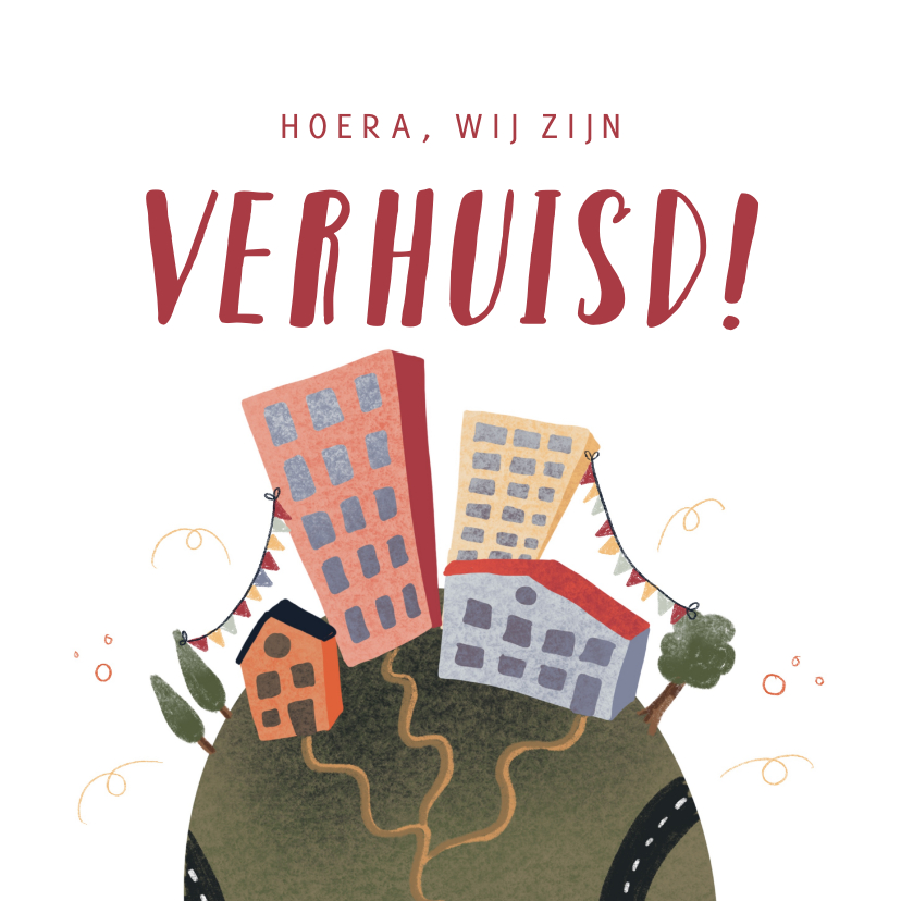 Verhuiskaarten - Verhuiskaart met huizen en flats en slingers