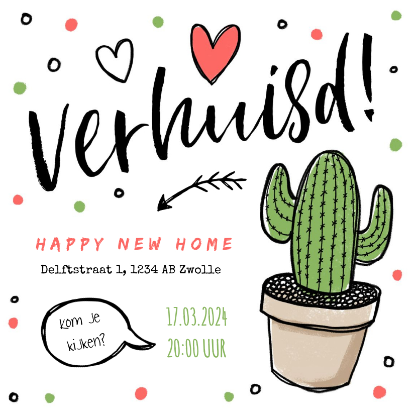 Verhuiskaarten - Verhuiskaart verhuisd tekening cactus hartjes confetti