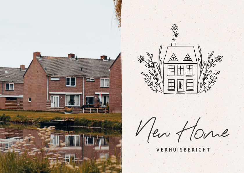 Verhuiskaarten - Verhuiskaartje met foto en illustratie huisje met bloemen