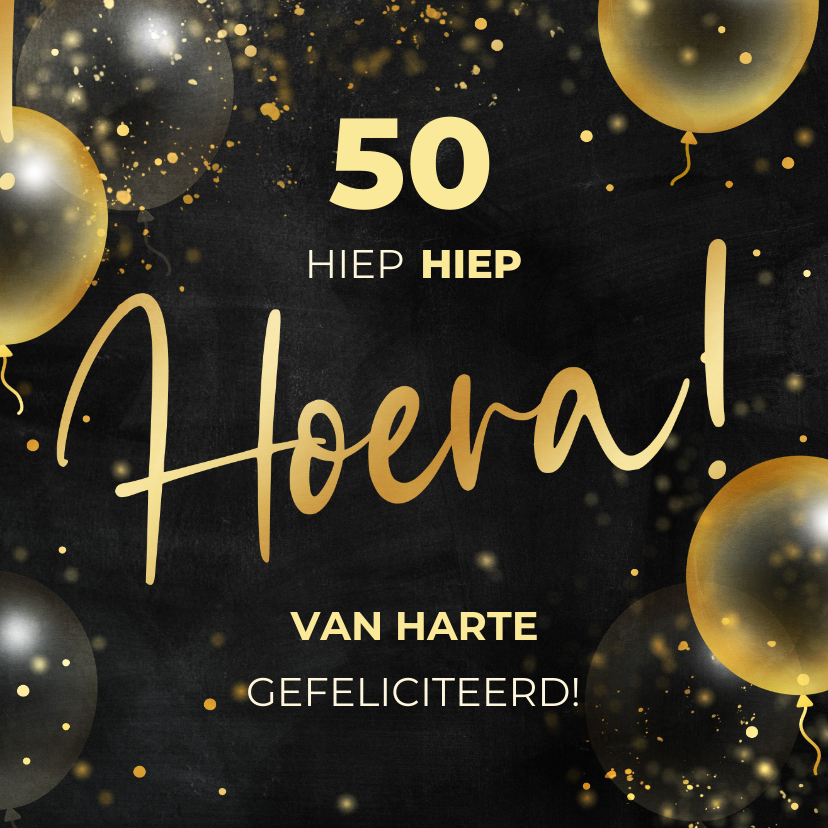 Verjaardagskaarten - Feestelijke verjaardagskaart hoera met gouden ballonnen