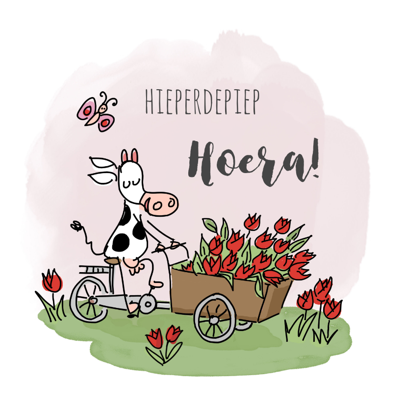 Verjaardagskaarten - Felicitatiekaart met koe op een bakfiets met tulpen