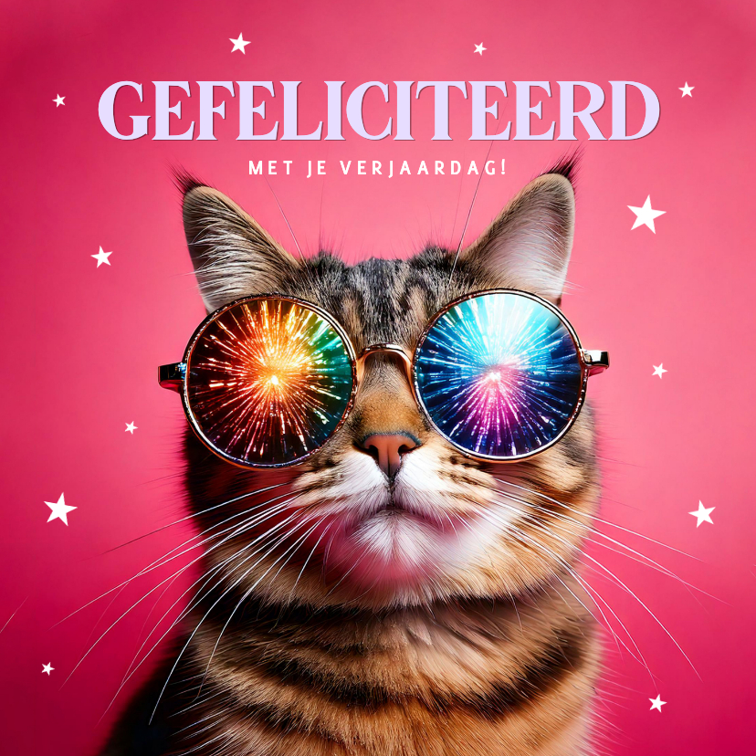 Verjaardagskaarten - Grappige roze verjaardagskaart kat met bril