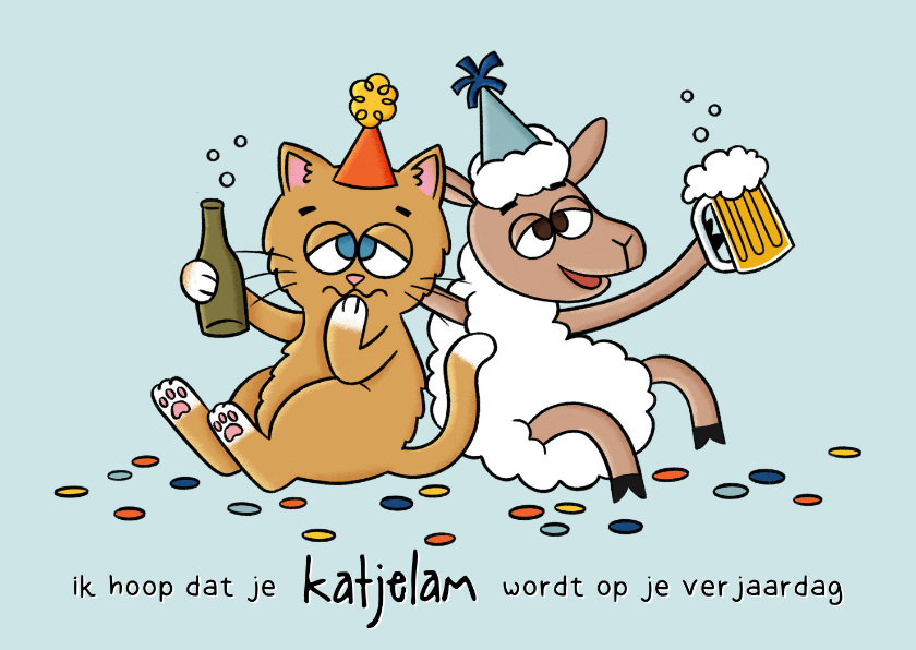 Verjaardagskaarten - Grappige verjaardagskaart katjelam met bier en confetti