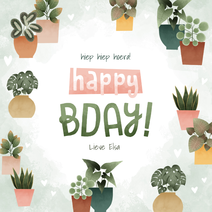 Verjaardagskaarten - Hippe verjaardagskaart met plantjes, hartjes Happy Bday!