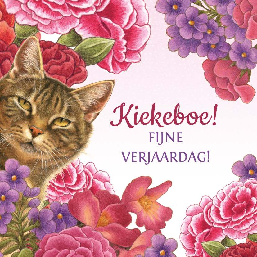 Verjaardagskaarten - Kat zegt kiekeboe vanuit de bloemenstruik