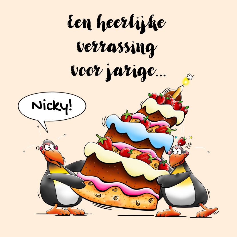 Verjaardagskaarten - Leuke verjaardagskaart 2 pinguïns en een enorme taart