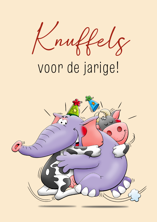 Verjaardagskaarten - Leuke verjaardagskaart olifant en koe felicitatie metknuffel