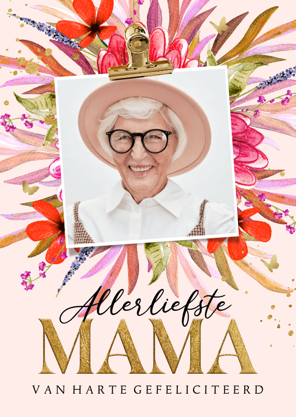 Verjaardagskaarten - Stijlvolle verjaardagskaart Liefste Mama bloemen foto goud 