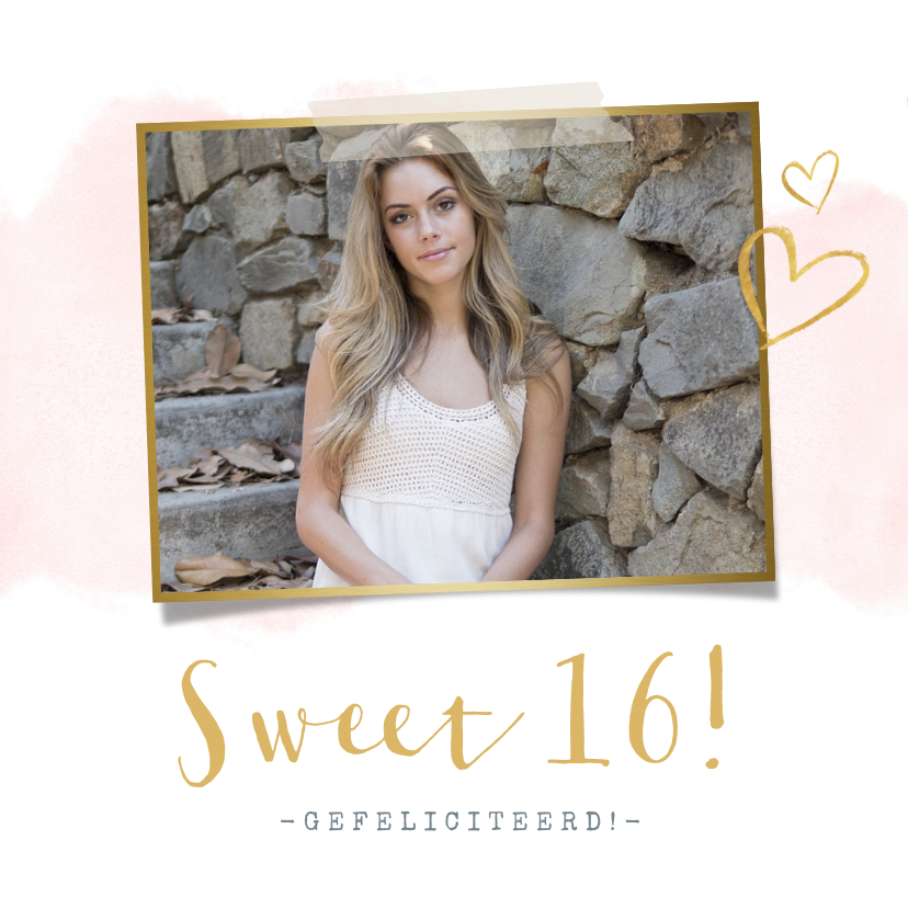 Verjaardagskaarten - Stijlvolle verjaardagskaart Sweet 16 met roze waterverf 