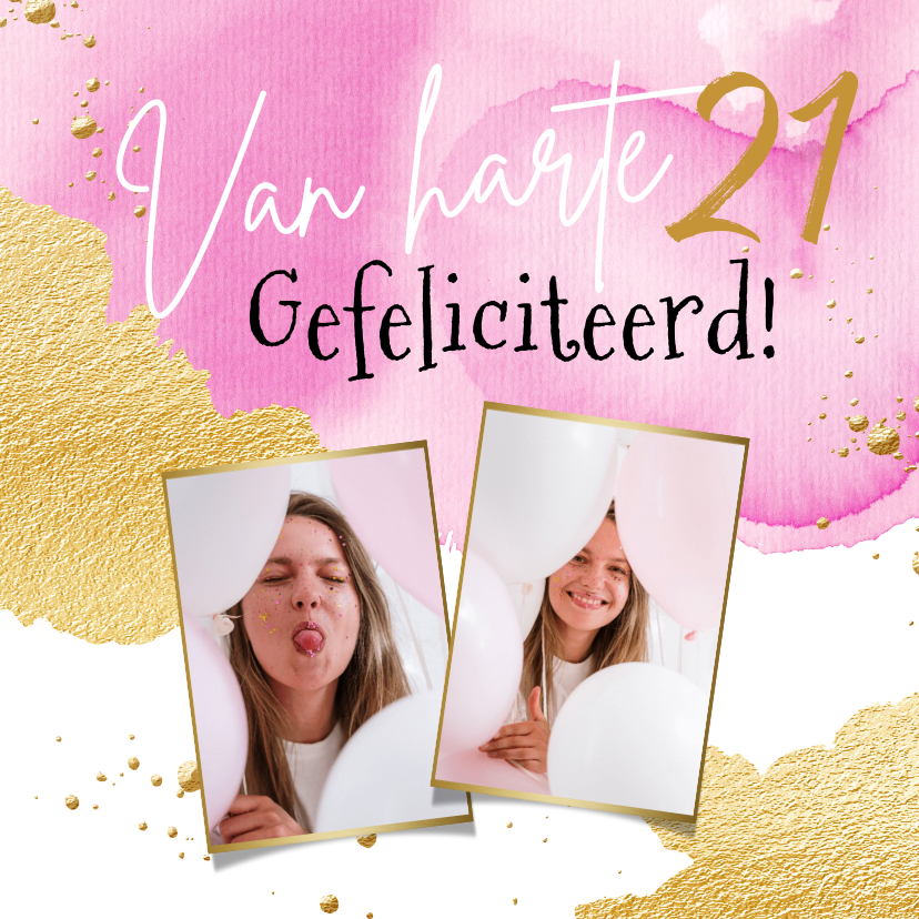 Verjaardagskaarten - Trendy fotokaart met watercolour in roze en goud