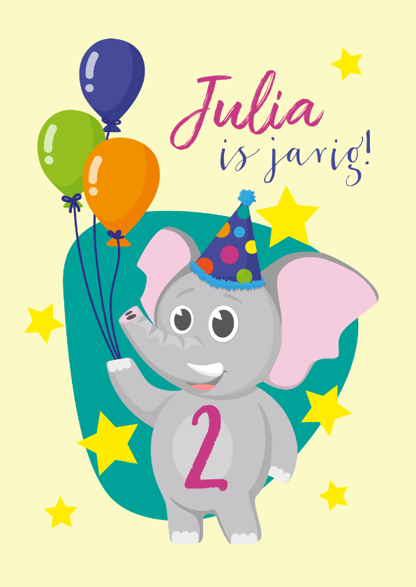 Verjaardagskaarten - Verjaardag olifantje en ballonnen