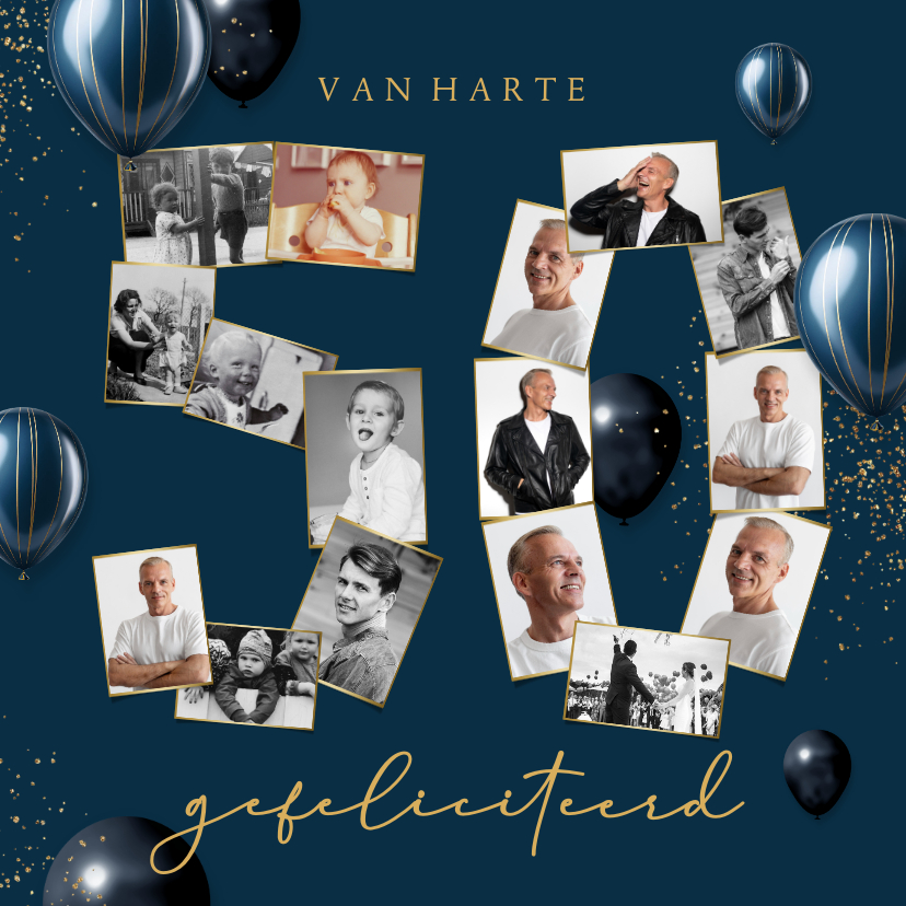 Verjaardagskaarten - Verjaardagskaart 50 jaar man fotocollage ballonnen confetti