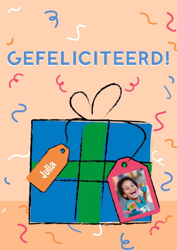 Verjaardagskaarten - Verjaardagskaart cadeau confetti gefeliciteerd