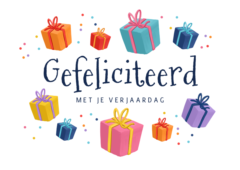 Verjaardagskaarten - Verjaardagskaart cadeautjes confetti verjaardag kleurrijk