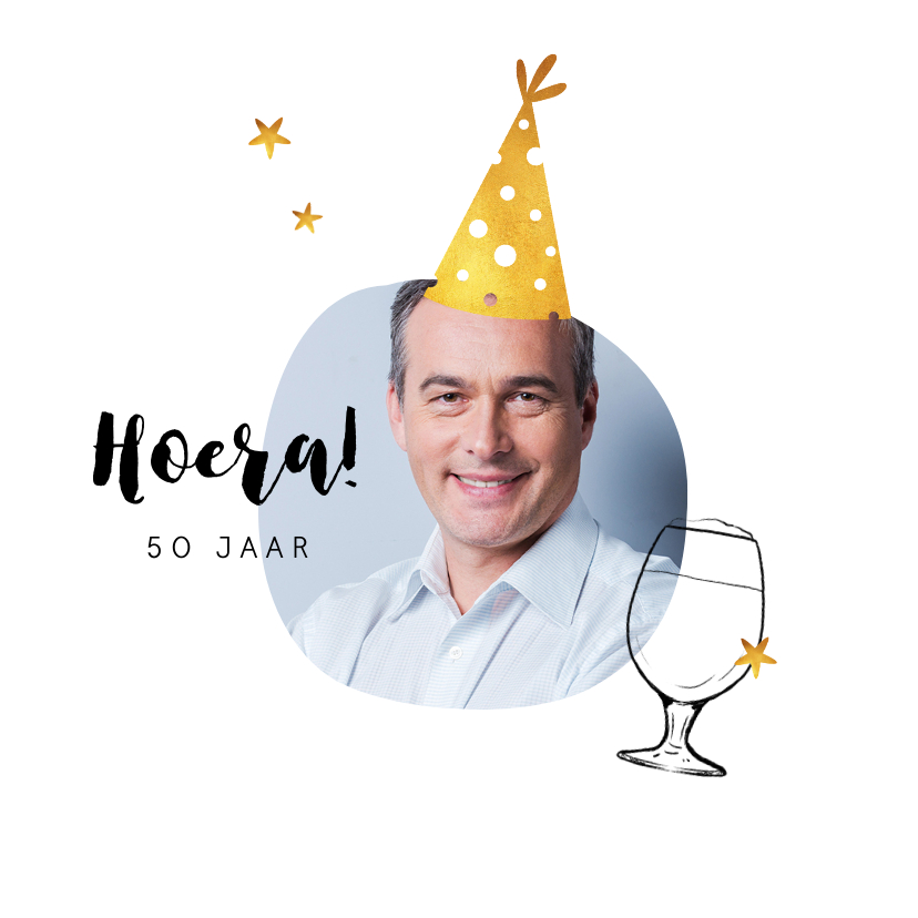 Verjaardagskaarten - Verjaardagskaart felicitatie humor feestmuts goud bier