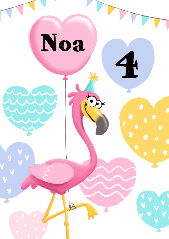 Verjaardagskaarten - Verjaardagskaart flamingo ballonhartjes en feesthoedje op