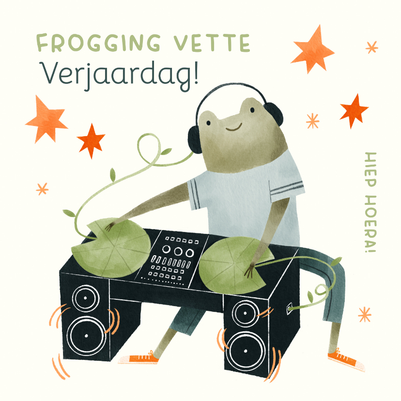 Verjaardagskaarten - Verjaardagskaart frogging vette verjaardag kikker DJ