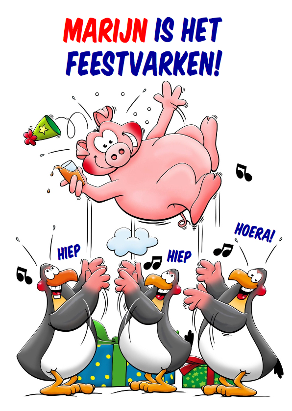 Verjaardagskaarten - Verjaardagskaart grappig met pinguïns en feestvarken