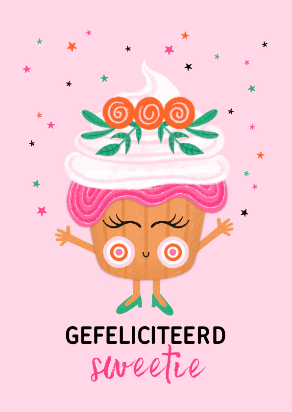 Verjaardagskaarten - Verjaardagskaart happy cupcake bloemen roze