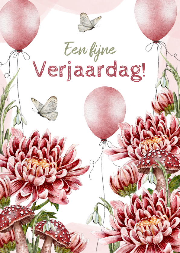 Verjaardagskaarten - Verjaardagskaart herfstbloemen met paddestoelen en ballonnen