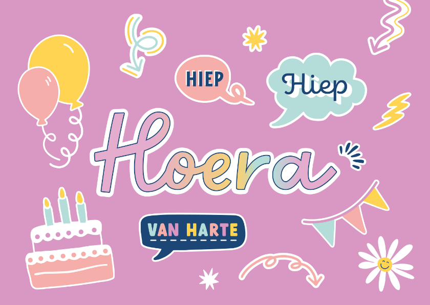 Verjaardagskaarten - Verjaardagskaart hiep hiep hoera sticker wolkjes