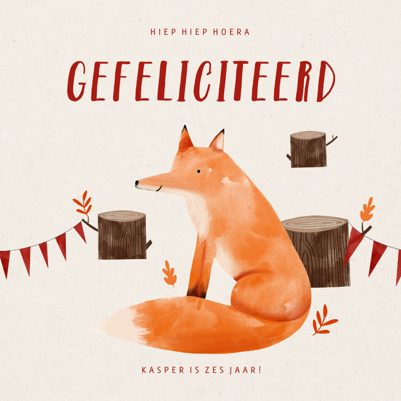 Verjaardagskaarten - Verjaardagskaart hip met vosje en slingers illustratie