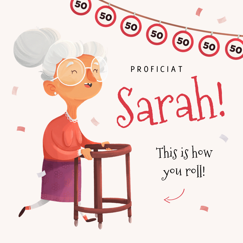 Aanval Civiel effect Verjaardagskaart humor Sarah 50 confetti | Kaartje2go