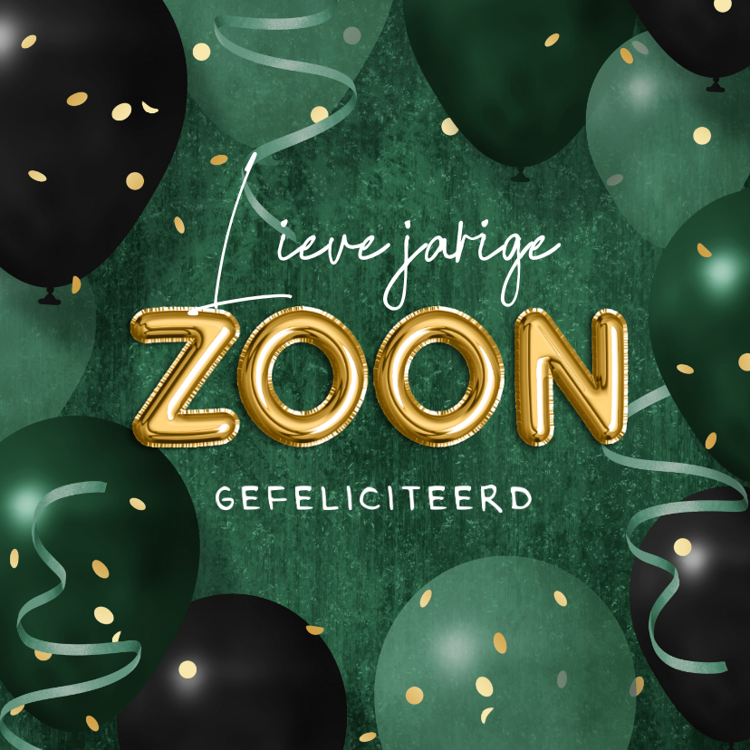 Verjaardagskaarten - Verjaardagskaart jarige zoon ballonnen confetti slingers