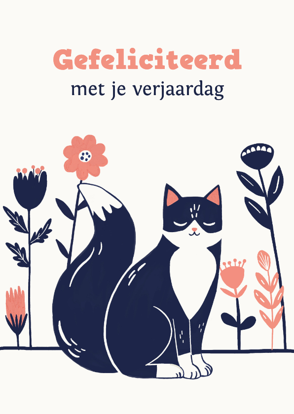 Verjaardagskaarten - Verjaardagskaart kat met bloemen