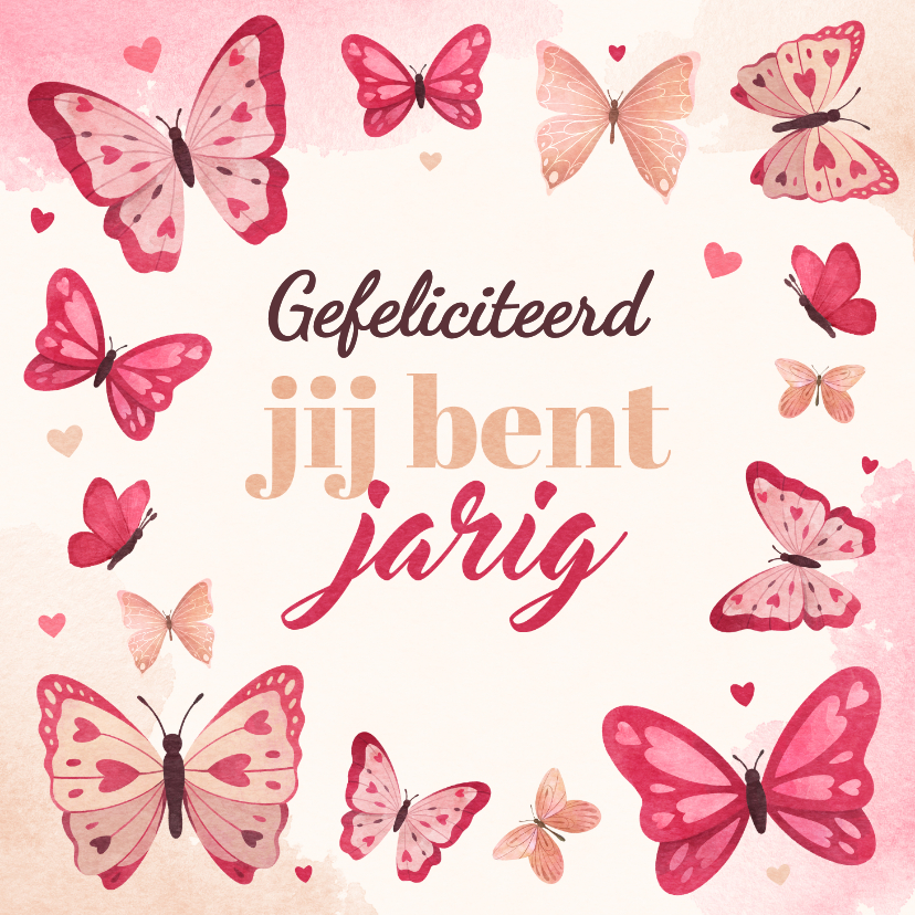 Verjaardagskaarten - Verjaardagskaart liefdevol vlinders roze hartjes jarig