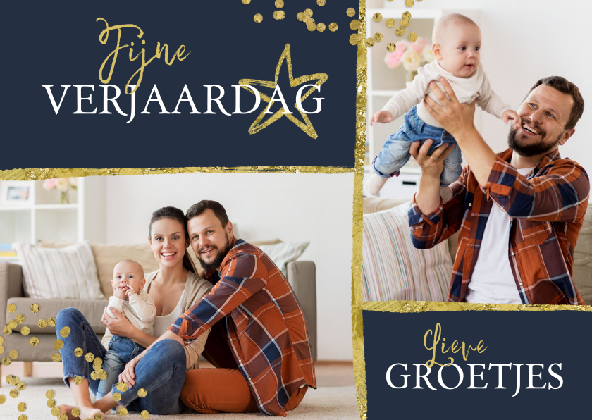 Verjaardagskaarten - Verjaardagskaart met 2 foto's en gouden confetti 