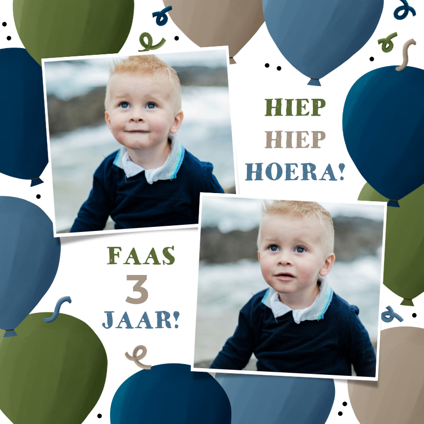 Verjaardagskaarten - Verjaardagskaart met ballonnen stoere kleuren twee foto's