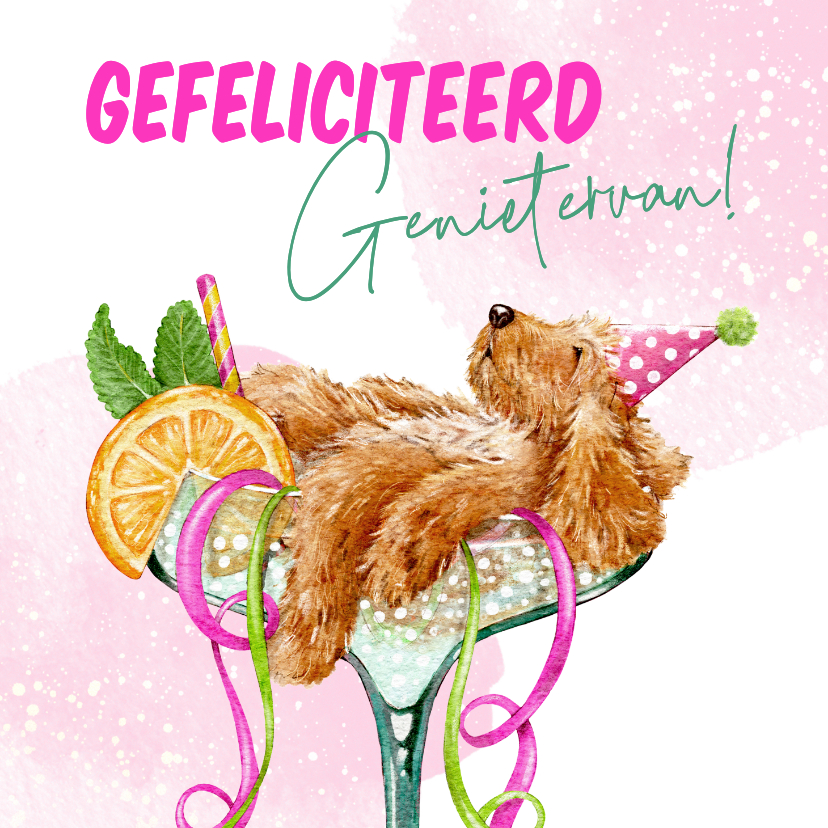 Verjaardagskaarten - Verjaardagskaart met hond in cocktailglas