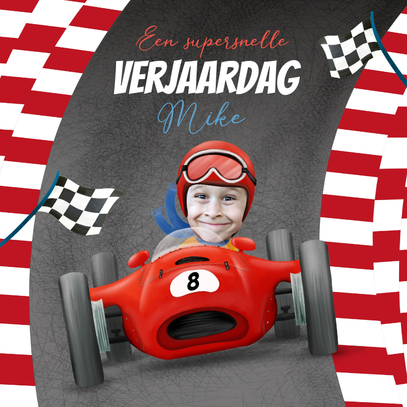 Verjaardagskaarten - Verjaardagskaart met raceauto op racebaan