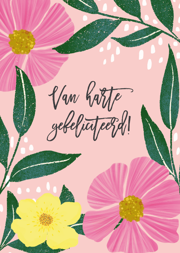 Verjaardagskaarten - Verjaardagskaart met roze en gele bloemen