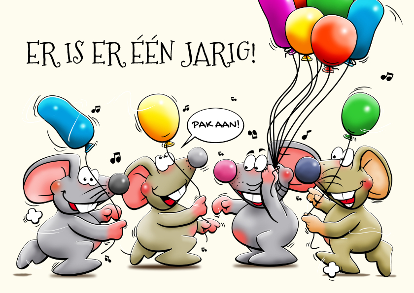 Verjaardagskaarten - Verjaardagskaart muizen feliciteren met ballonnen