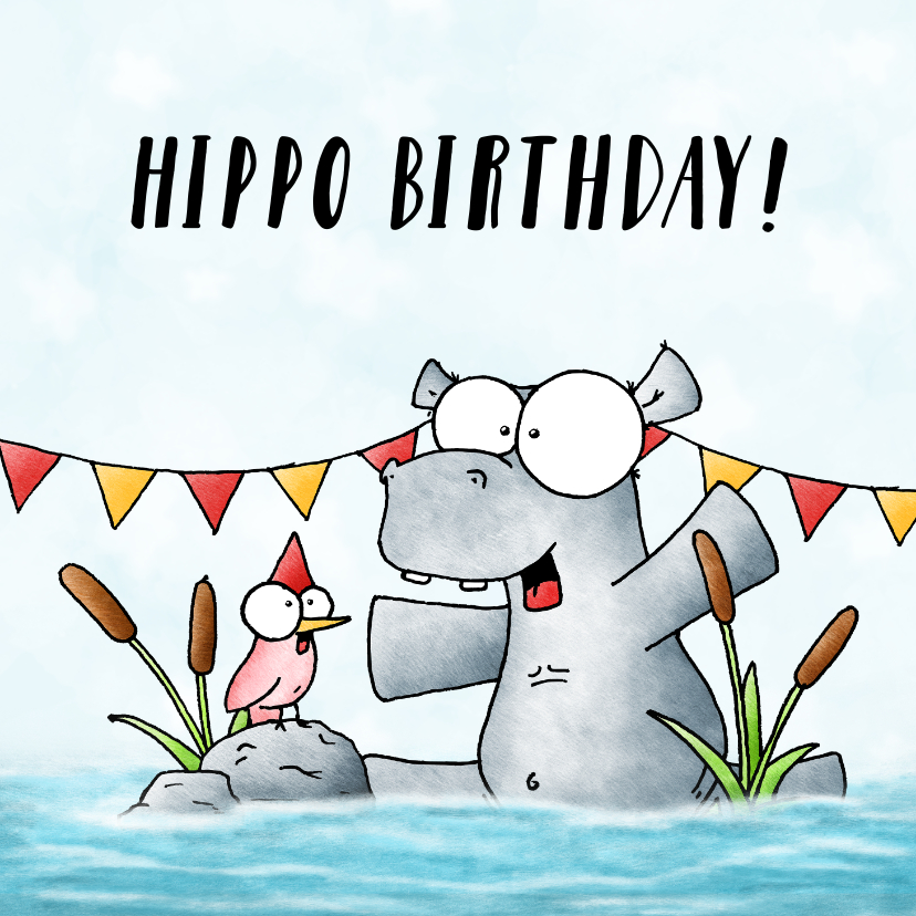 Verjaardagskaarten - Verjaardagskaart nijlpaard - Hippo birthday!!