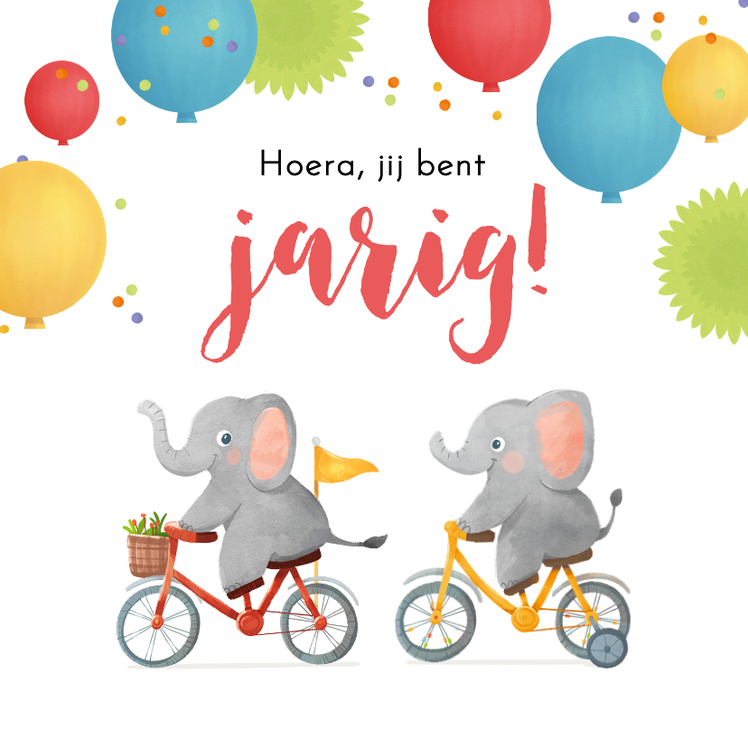 Verjaardagskaarten - Verjaardagskaart olifant fiets ballonnen confetti kind