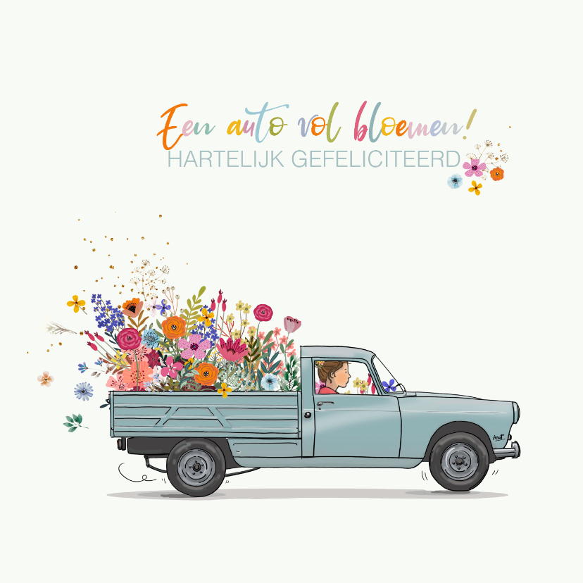 Verjaardagskaarten - Verjaardagskaart Peugot Pick up grijs bloemen