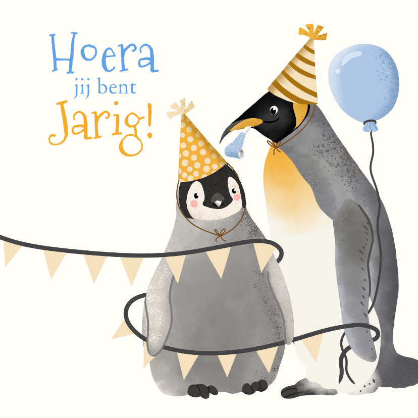 Verjaardagskaarten - Verjaardagskaart pinguïns met slingers