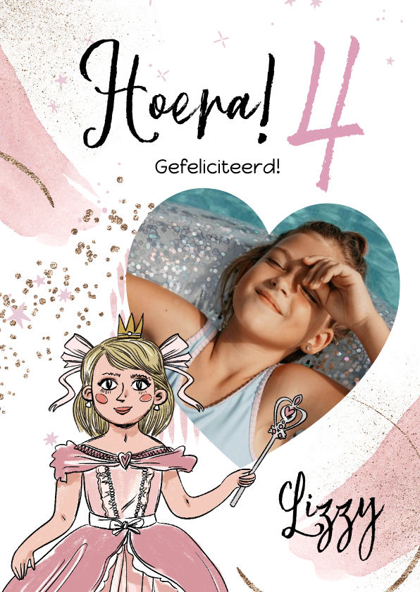 Verjaardagskaarten - Verjaardagskaart prinses watercolour sterren glitter foto